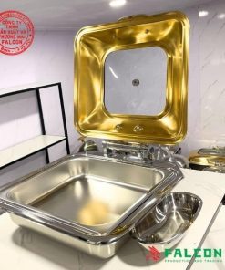 Nồi hâm nóng thức ăn buffet vuông nắp mạ vàng có trợ lực