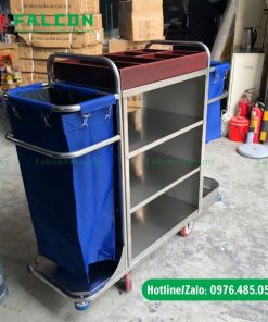 Xe dọn phòng khách sạn chất liệu inox 2 túi kích thước 154 x 52 x 126.5 cm
