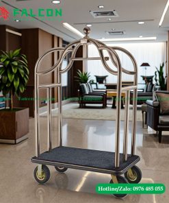 Xe đẩy hành lý lồng chim khách sạn mạ inox cao cấp, chịu trọng tải tốt