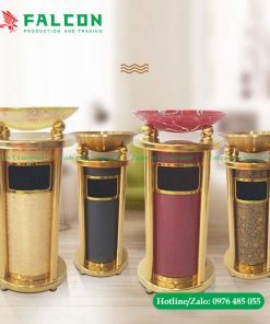 Thùng rác sảnh bọc da mạ vàng cao cấp