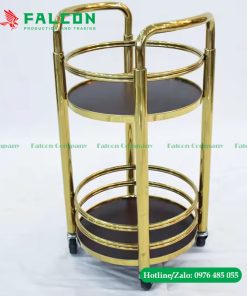 Xe phục vụ rượu cho nhà hàng inox mạ vàng cao cấp thiết kế dáng tròn tiện lợi 2 tầng